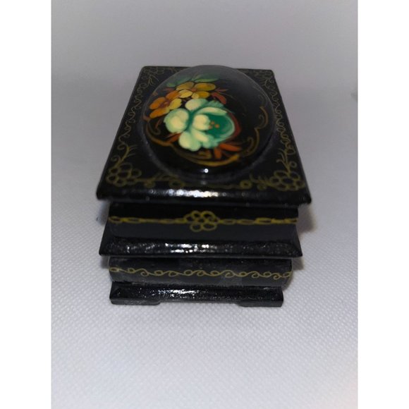 Vintage Miniature 2 Compartment Russian Lacquer Box with Flowers - Picture 2 of 7